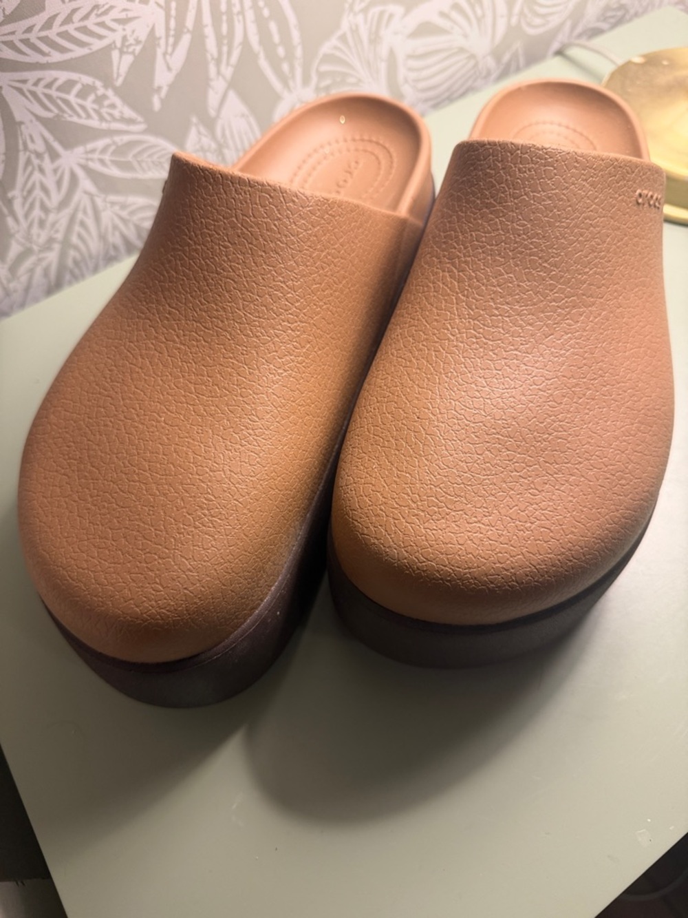 CROCS Slide Platform Clog in Tan Upper with Brown Sole - Picture 2 of 6
